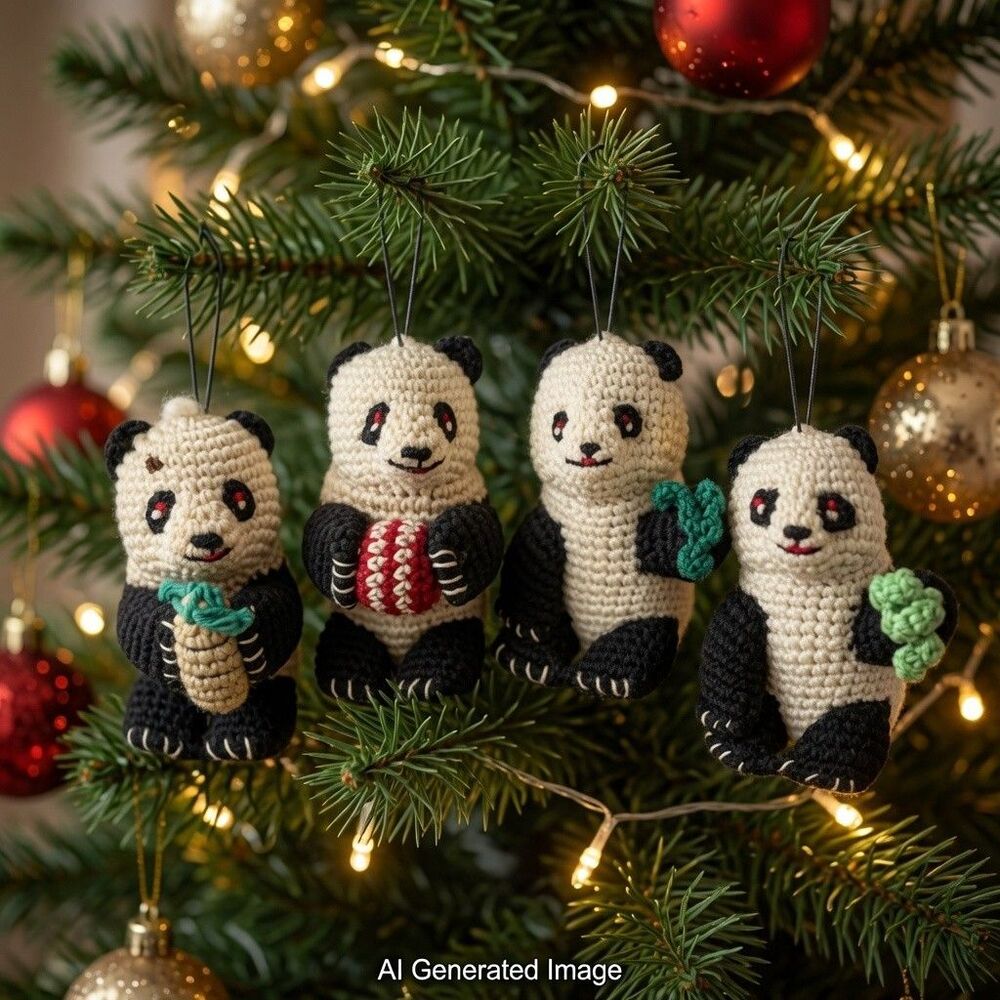 Vintage Panda Crochet Ornaments Handmade Miniature 2” - 2 1/2” READ